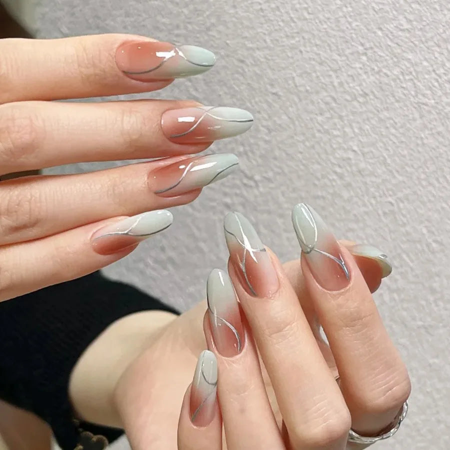 24pcs/set Medium fake nails for women girls white red golden french frame strips Square almond nail tips press on false nail art
