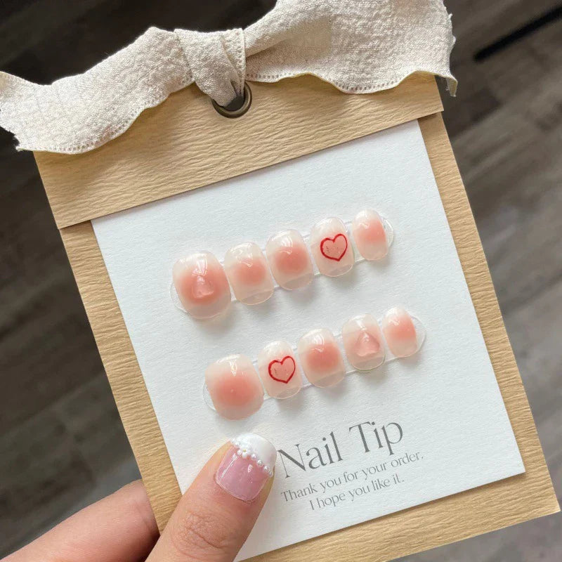 Short Nails Set Press On Handmade Professional Nails 3D Heart Designs Charms Artificial Nails For Teens Nailworld Store Nail Art