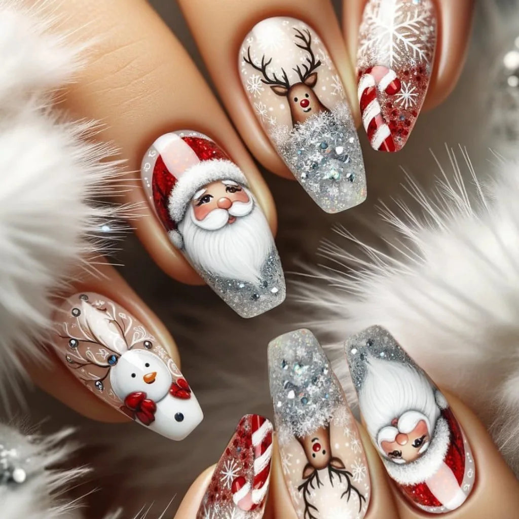 Medium long fake nails for Christmas party Cute snowman Santa Claus gift snowflake square almond tips Press on false nail art