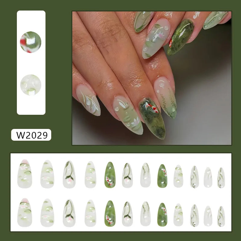 24pcs Summer Fresh Green Press On Naills Lotus Flower Gold Fish Pattern Printed Fake Nails Glossy Almond Detachable False Nail
