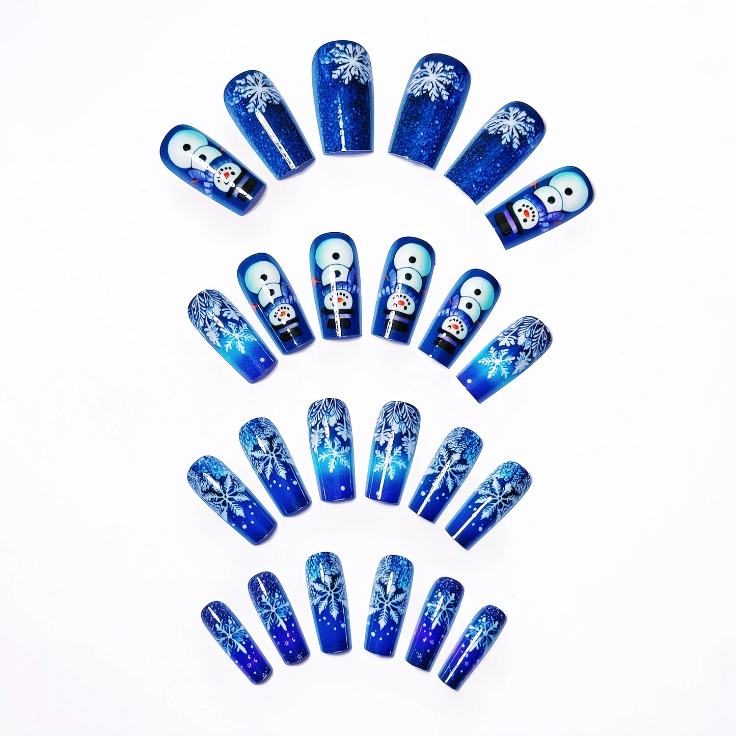 24pcs Glittering Blue & Purple Ombre Christmas Press-On Nails with Snowflake & Snowman Design - Medium Length Glossy False Nails
