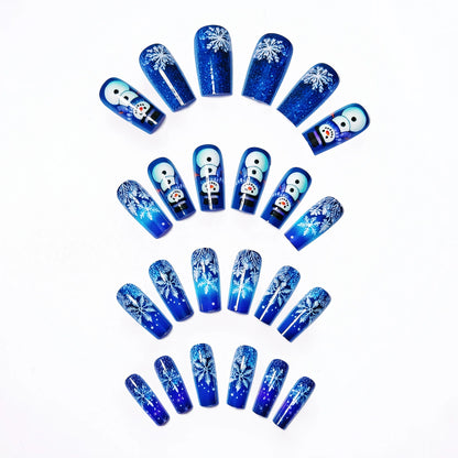 24pcs Glittering Blue & Purple Ombre Christmas Press-On Nails with Snowflake & Snowman Design - Medium Length Glossy False Nails