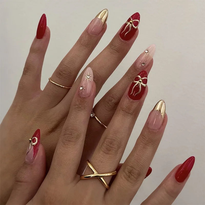 24Pcs Cyber Punk Style Almond False Nails Press on Pink Blush Full Cover Fake Nails 3D Ombre Wearable Acrylic Nail Manicure Tips