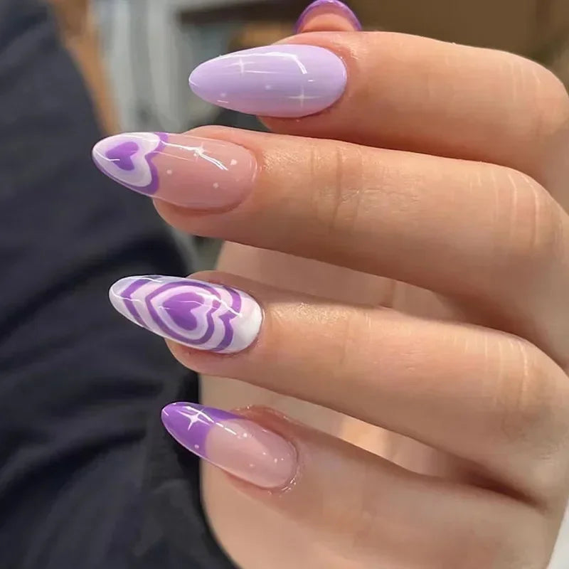 24Pcs Simple Green French False Nails Short Almond Fake Nails with Wave Line Design Wearable Round Head Press on Nail Tips
