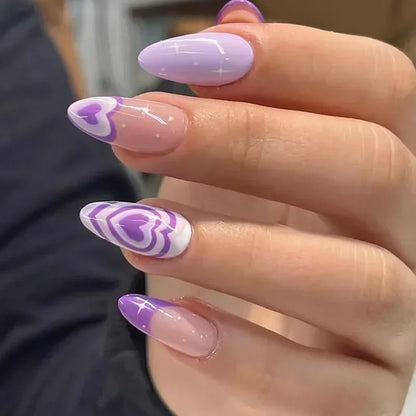 24Pcs Simple Green French False Nails Short Almond Fake Nails with Wave Line Design Wearable Round Head Press on Nail Tips