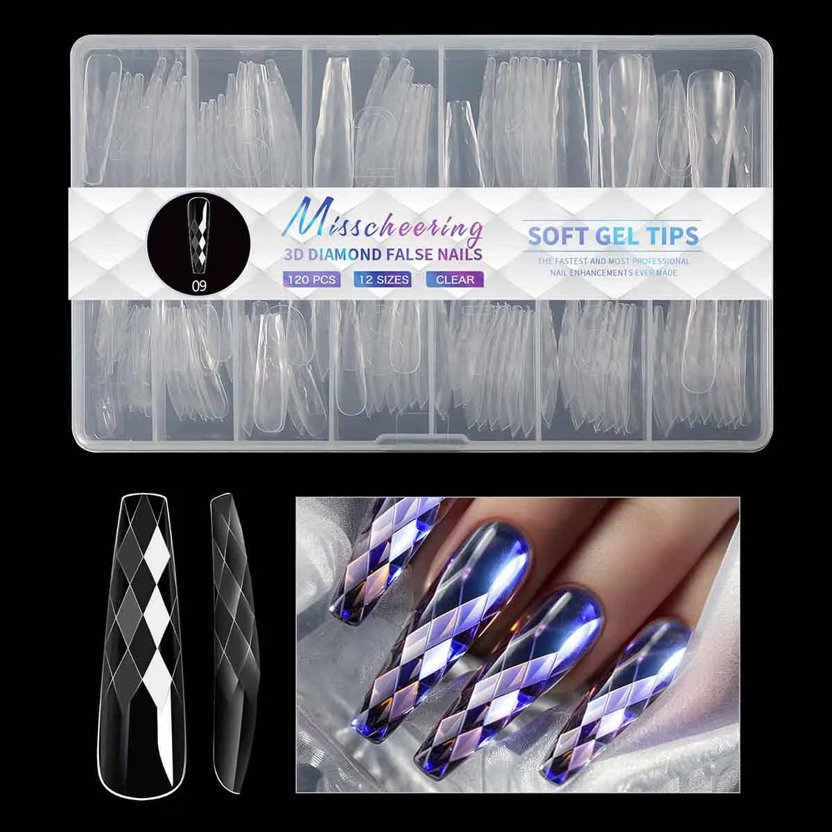 3D Diamond Rhombus False Clear Nail Tips Long Stiletto Coffin Full Cover Nail Art Decoration Tools 12 Sizes 120PC Press On Nails