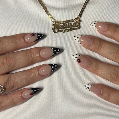 24PCS Wine Red Almond Press on Nails Cartoon Rabbit Bowknot with Plaid Pearl Designs French Fake Nails for Girls Detachable Nail