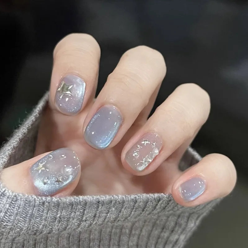 New 10Pcs INS Short Handmade Press on Nails Blue Cat Eye Star Fake Nails Wearable Stick-on Nails Full Cover False Nail