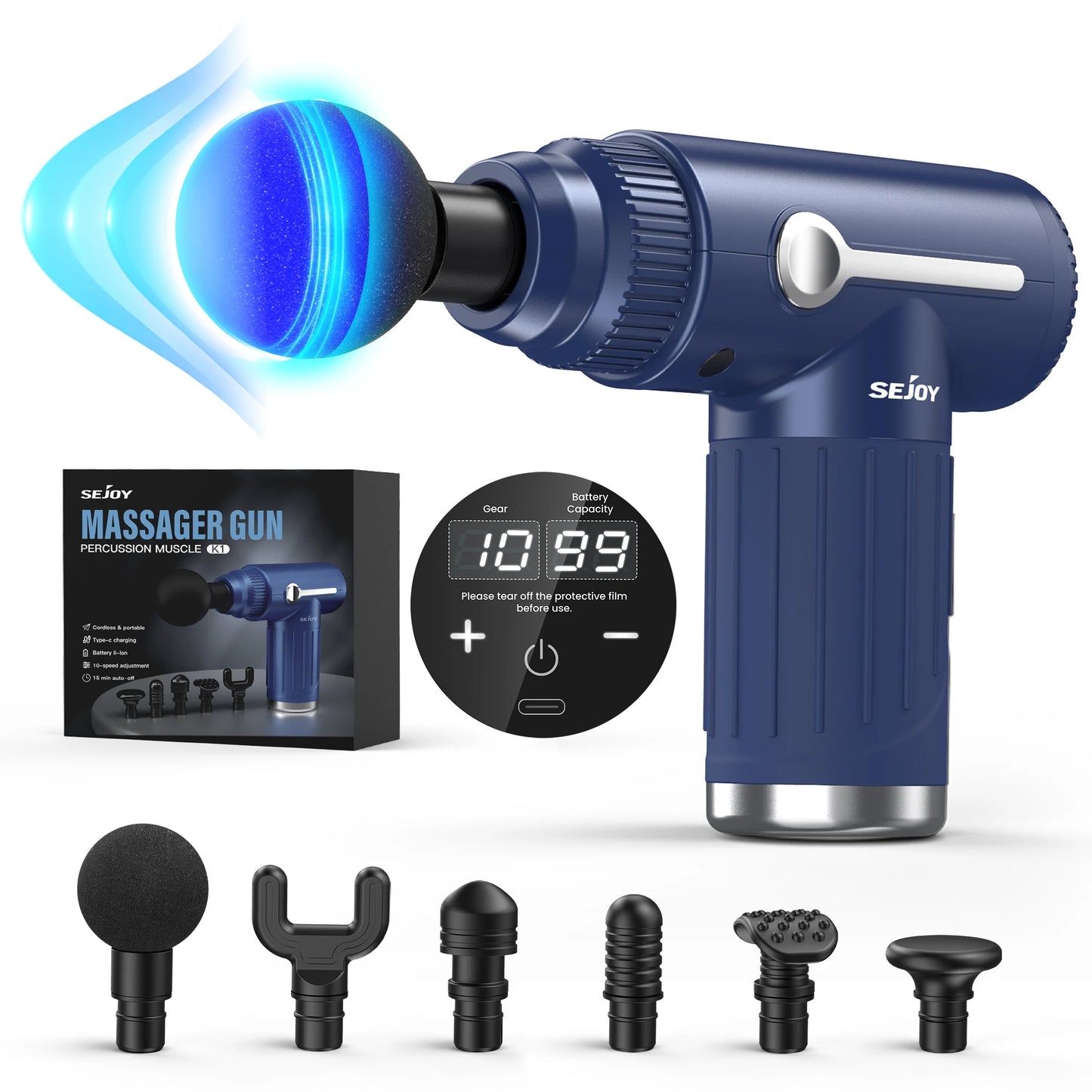 SEJOY Portable Fascia Gun Vibration Massage Gun For Body Neck Back Deep Muscle Relaxation 10 Gears LCD Touch Screen 6 Heads