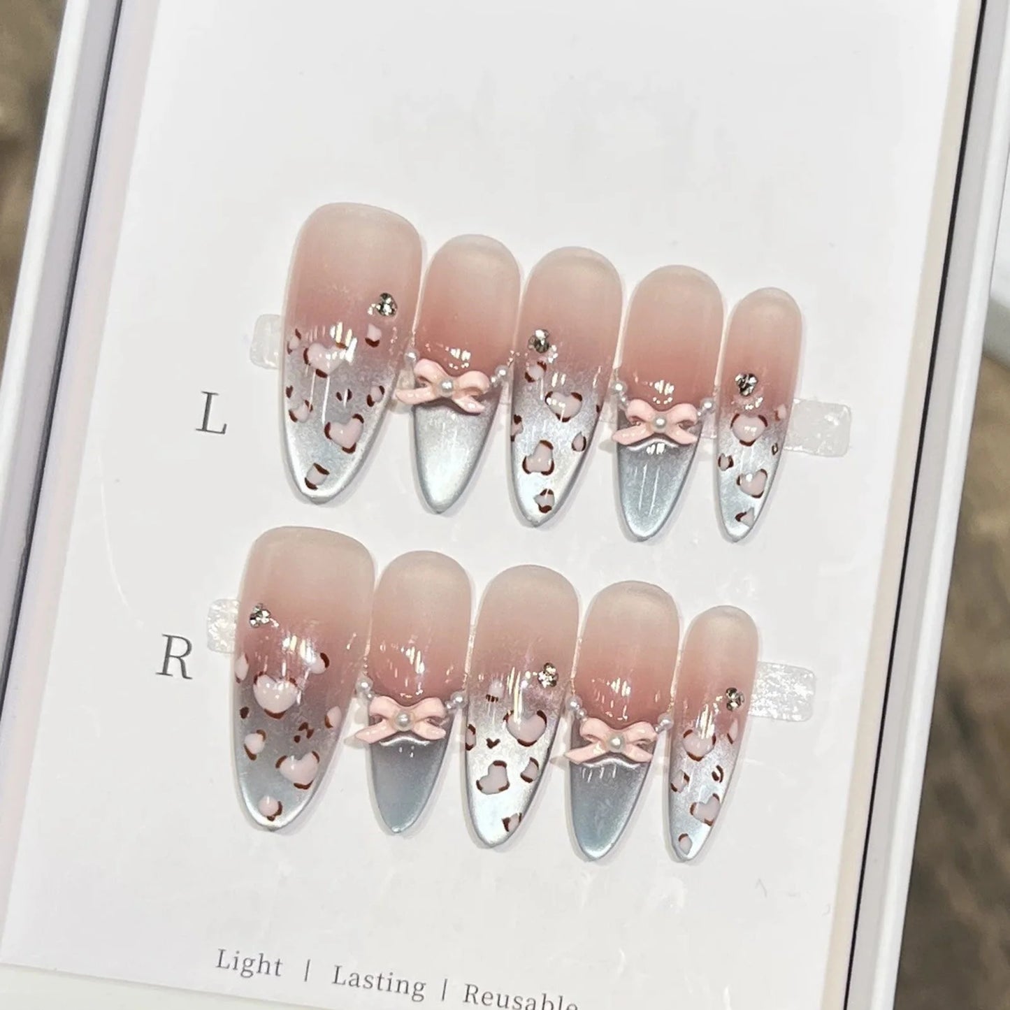 10pcs Long Almond Pink Leopard Print Flower Blush French Cat Eye Bow Resin Fake Nails for Parties Wedding DIY Manicure
