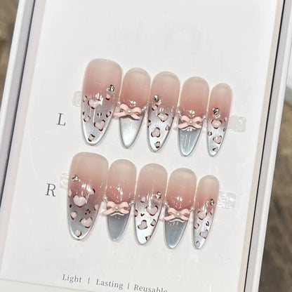 10pcs Long Almond Pink Leopard Print Flower Blush French Cat Eye Bow Resin Fake Nails for Parties Wedding DIY Manicure