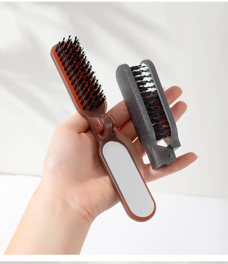 1Pc Foldable Bristle Comb with Mirror Mane Bristle Hair Brush Portable Pocket Collapsible Travel Massage Salon Hair Styling Tool
