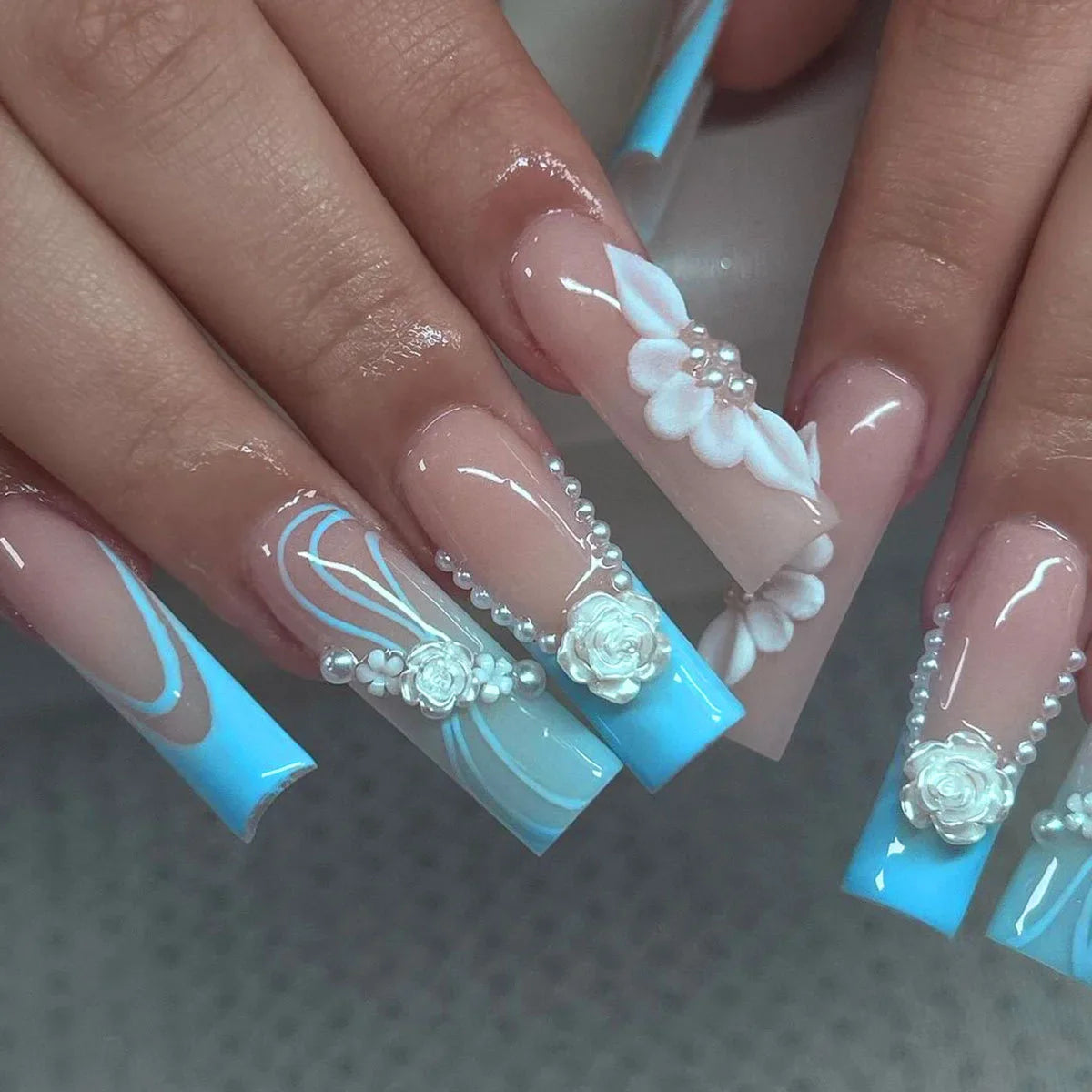 24Pcs Gold French Border False Nails Long Coffin False Nails with Rhinestones Ballerina Full Cover Nail Tips Press on Nails