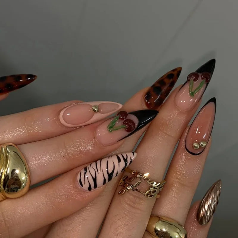 24pcs Black Cat's Eye Press on Nails Finished Ins Wearable False Nail Sets Love Design Stick on Nails Stilettos Fake Nail Tips