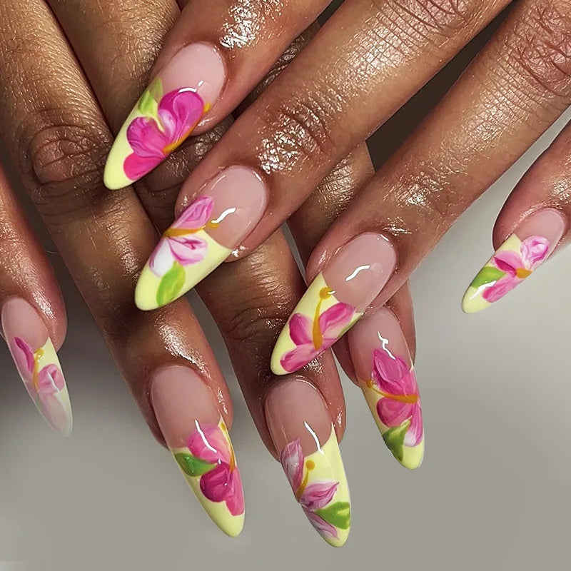 24Pcs Short Almond Press-On Nails Pink Floral French Tip Glossy&Elegant Full Cover Fake Nails for Women&Girls Spring,Daily Wear