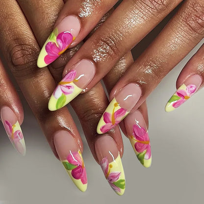 24Pcs Short Almond Press-On Nails Pink Floral French Tip Glossy&Elegant Full Cover Fake Nails for Women&Girls Spring,Daily Wear