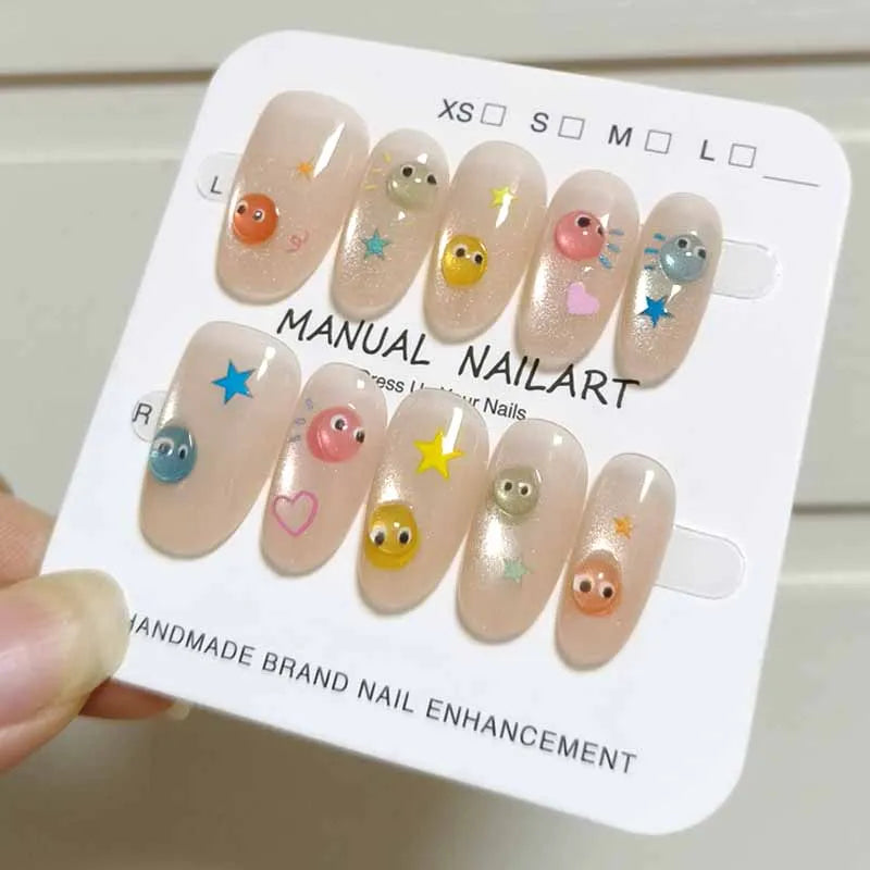 10Pcs French Style New Cute 3D Small Eyes Wearable Nails Patch Nail and Nail Accessories Press on Nails Detachable Nail Tips