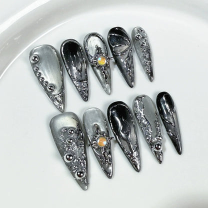 10pcs Stiletto Almond Press On Nails Dark Blue Cat Eye y2k False Nails With 3D Design Artifical Detachable Full Cover Nail Tips