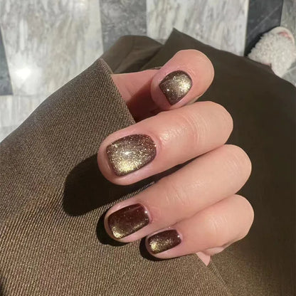 24pcs Crystal Cat Eye False Nails with Glue Short Square Press on Nails Shiny Red Jewel Nail Solid Color Fake Nails Minimalis
