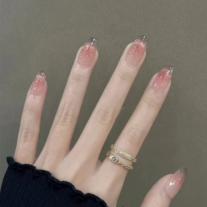 24Pcs Glitter Diamond Press On Nails Sweet Cute Girl Acrylic Nails Full Cover Short Square Fake Nails Wearable Manicure Nail Tip