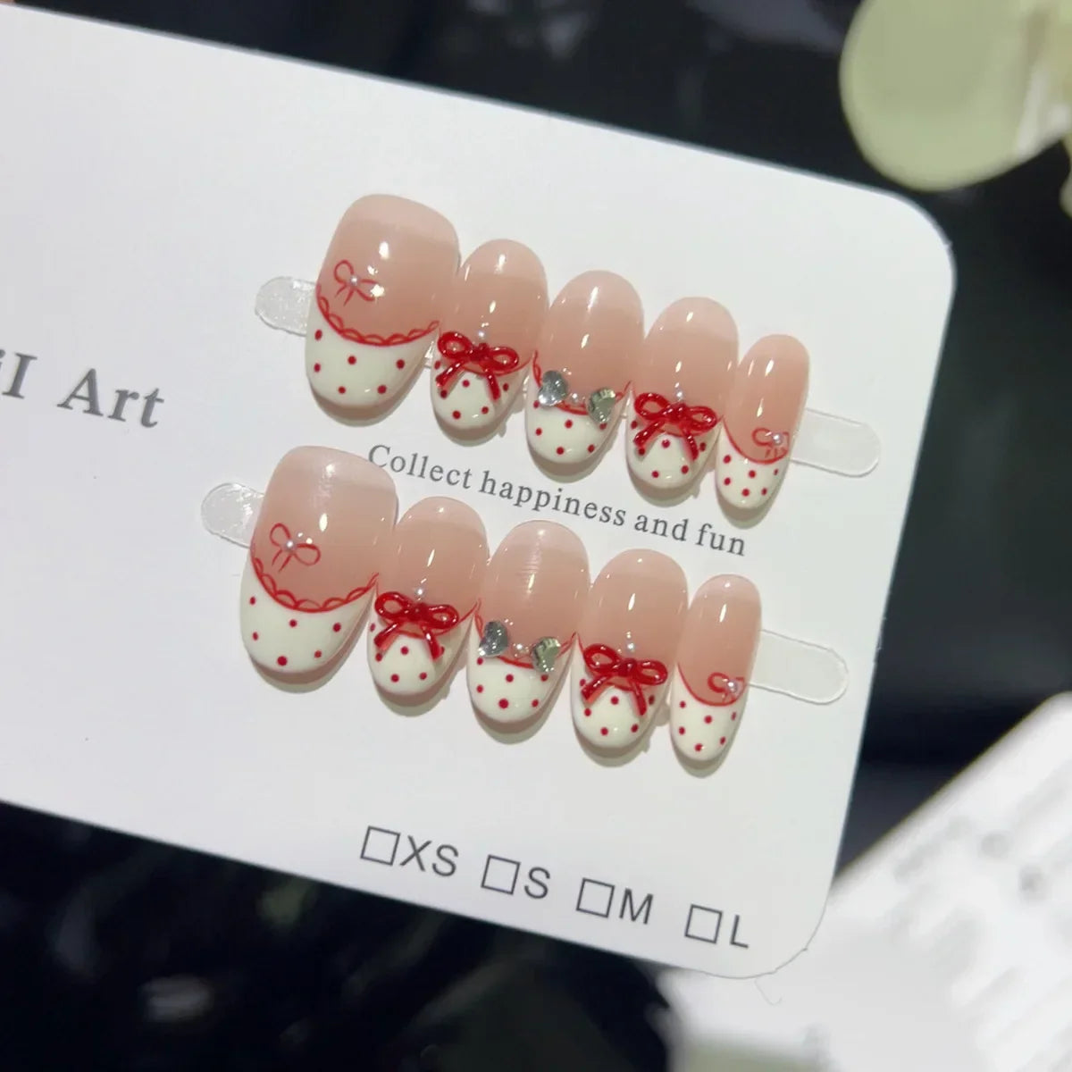 10PCS Ins Blue Short Oval False Nails Retro Hand-drawn Brown Polka Dot Bow French Press on Nails Full Cover Detachable Manicure