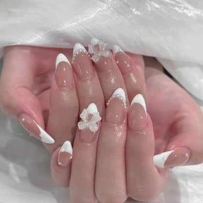 24Pcs Almond White French Press on Nails Pearl Bow False Nail Short Rhinestones Removable Nail stickers for Women and Girls