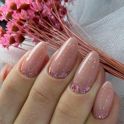 24Pcs Solid Color Grey Almond Fake Nail Cat's Eye Design Wearable Round Head False Nails with Shiny Powder Press on Nails