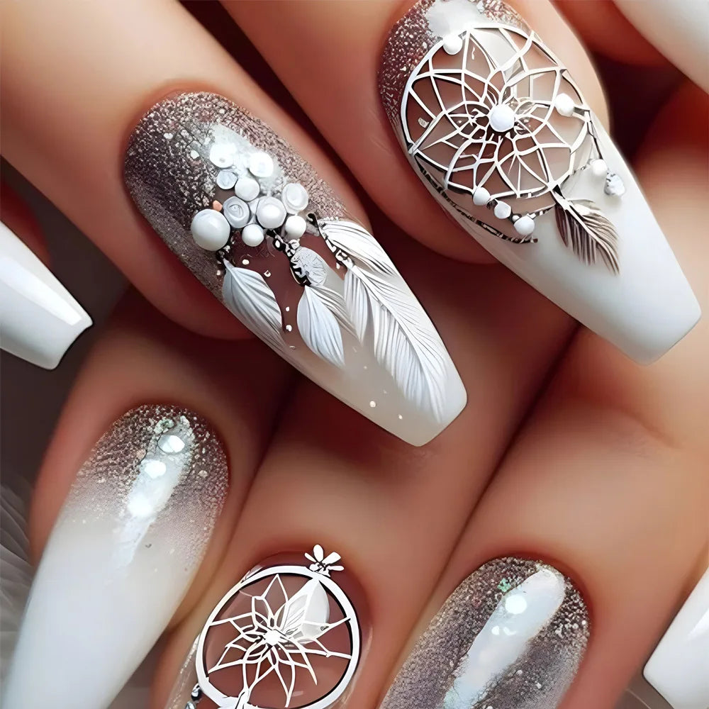 24pcs Gradient White Design False Nails Simple Glitter Long Ballet Fake Nail Tips Wearable Coffin Press on Nails with Jelly Glue