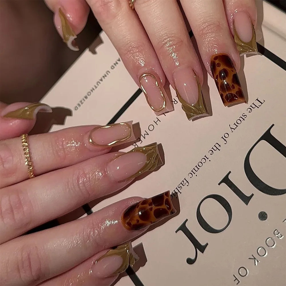 24Pcs Gold French Border False Nails Long Coffin False Nails with Rhinestones Ballerina Full Cover Nail Tips Press on Nails