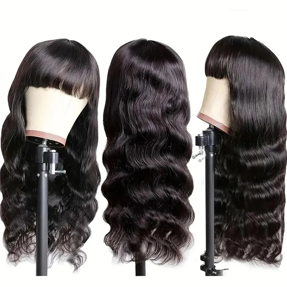 Body Wave Human Hair Wigs With Bangs 12A Peruvian Cheap Hair Wigs On Sale Clearance Full Machine Made Wig With Bangs For Woman