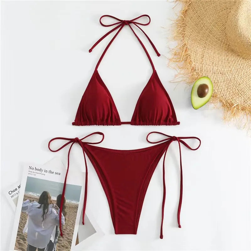 Bikini three-point swimsuit sexy drawstring strap halter bikini solid color lace-up split swimsuit