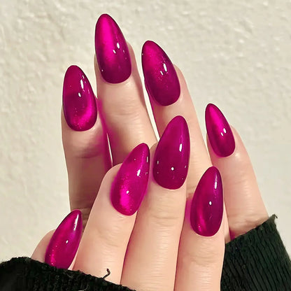 24pcs Glossy Red Cat's Eye Press On Nails Full Cover Nude Color Wearable Almond False Nails Charms Detachable Fake Nail For Girl