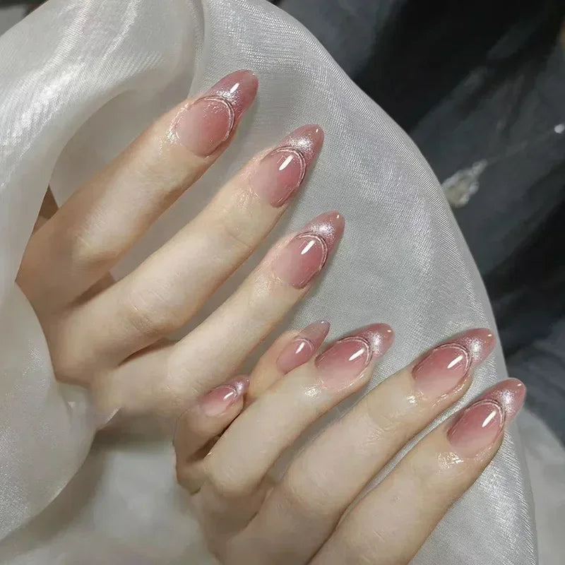 24pcs/Box Long Coffin False Nails Art Rose with Glue Wearable Nude Pink White Color Jelly Nails Tips Full Cover Press on Nails