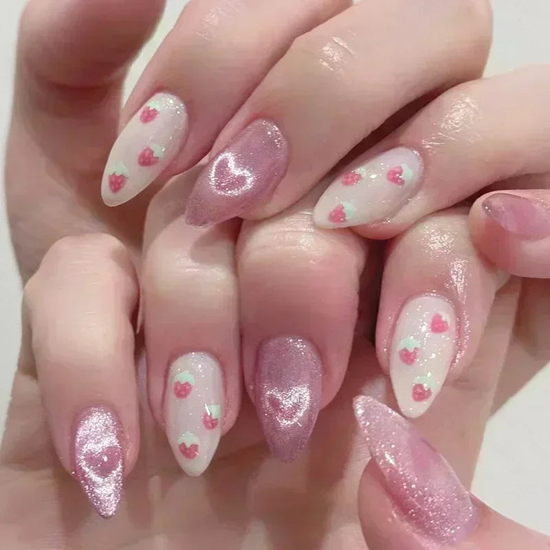 24Pcs Stiletto Press on Nails Glitter Almond False Nails French Tip Fake Nails with Glue Detachable Full Cover Acrylic Nail Tips