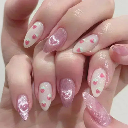 24Pcs Stiletto Press on Nails Glitter Almond False Nails French Tip Fake Nails with Glue Detachable Full Cover Acrylic Nail Tips