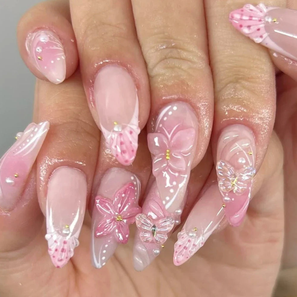 Pink Magic Mirror French 3D Flowers Nail Art Fashion Almond Wearable False Nails Detachable Finished Fake Nails Press on Nails