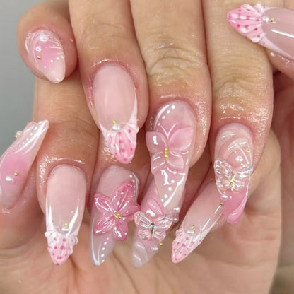 Pink Magic Mirror French 3D Flowers Nail Art Fashion Almond Wearable False Nails Detachable Finished Fake Nails Press on Nails