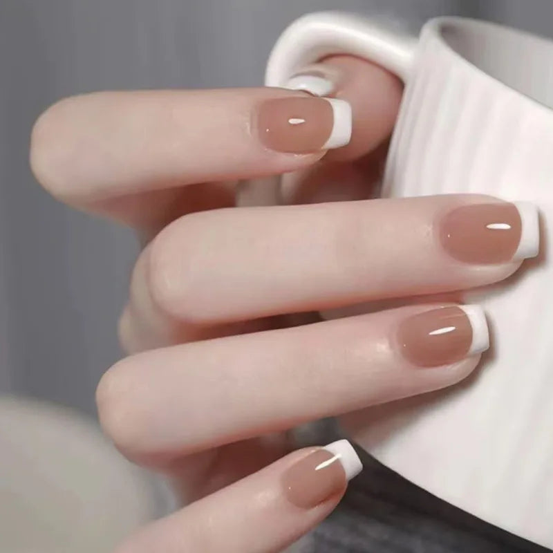 Nude Color Press On Nails 24Pcs Short Almond Fake Nails White French Tip Wearable False Nails Patches Women Girls DIY Manicure
