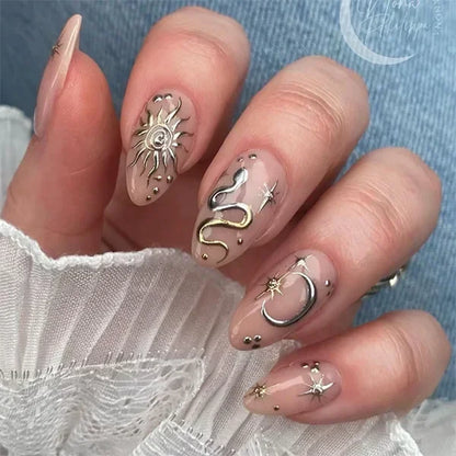24Pcs False Nails Spicy Girl Silver Bow with Diamond Fake Nails with Glue Almond Press on Nails Black Cool Y2k Almond Nail Set