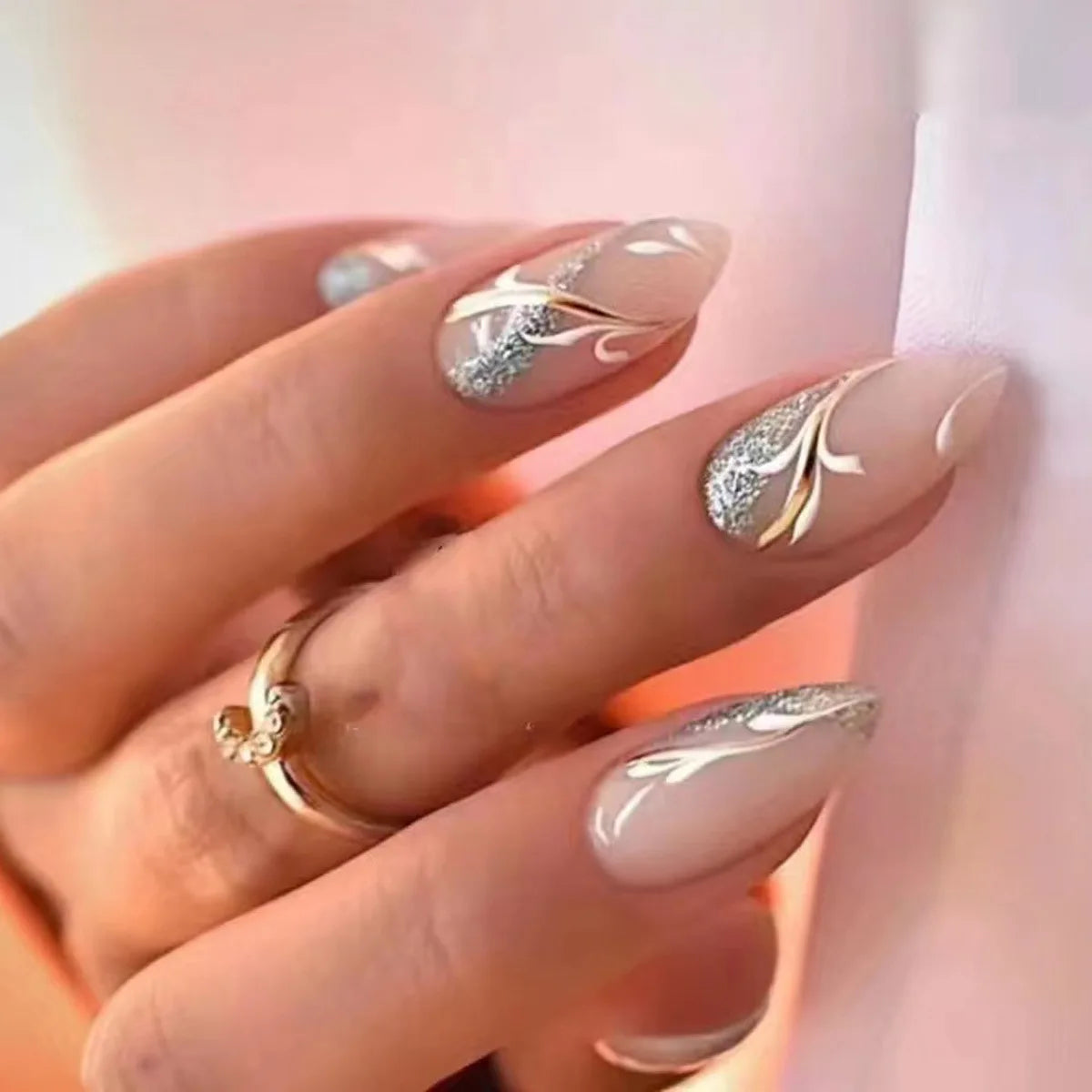 24Pcs Simple Glitter Almond False Nails with Glue Ballerina Nail Design Sweet Cool French Detachable Press on Nail Manicure Tips