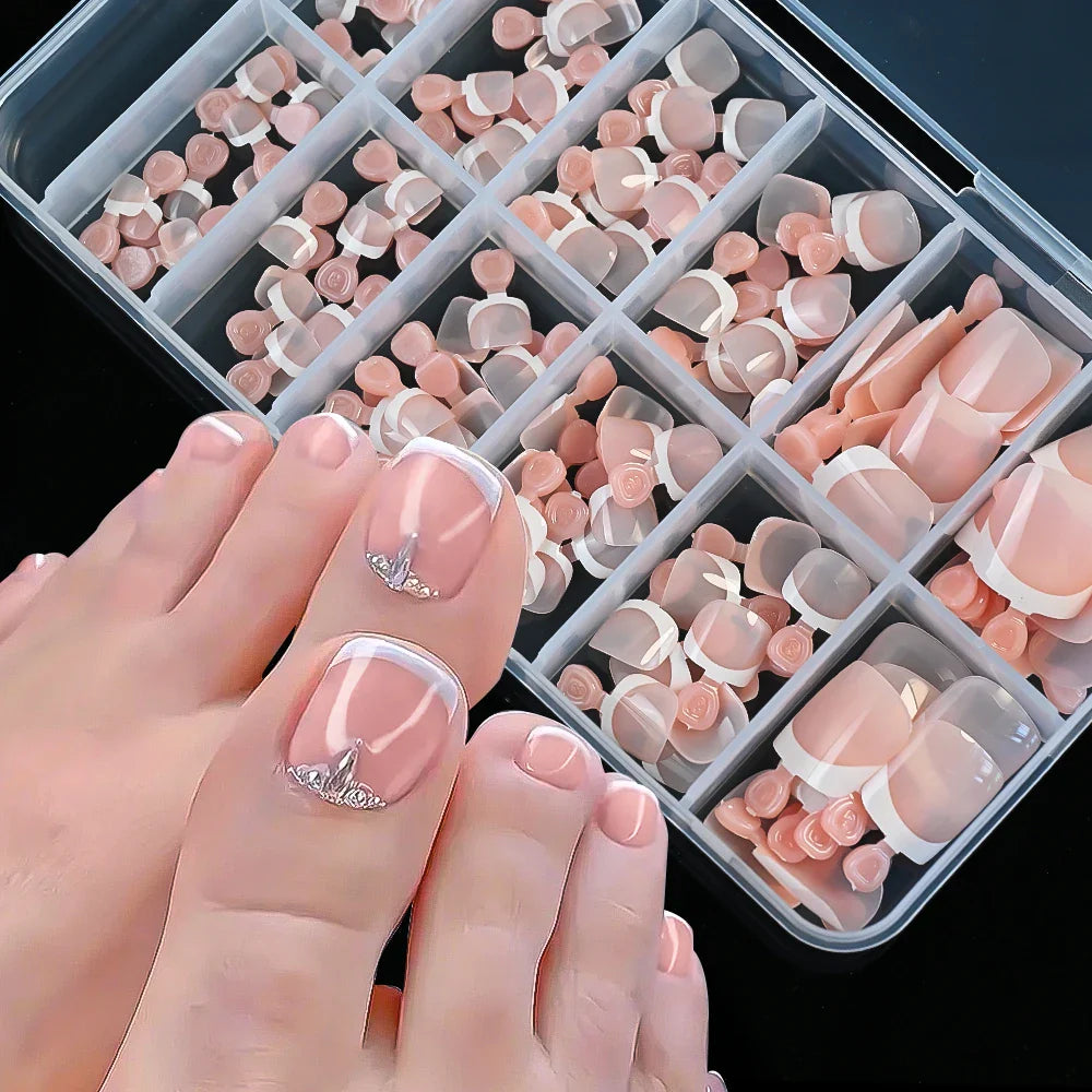 120pcs/Box French Tip Press-On Toenails Pink Color System Square Shape Foot Nails Short Length Glossy Finish False Toe Nails Set