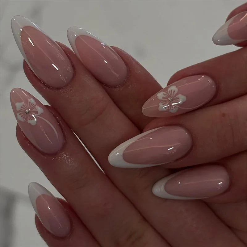 White French Press on Nails 3D Bowknot Fake Nails Tips Full Cover Wearable False Nails for Women and Girls DIY Manicure 24Pcs