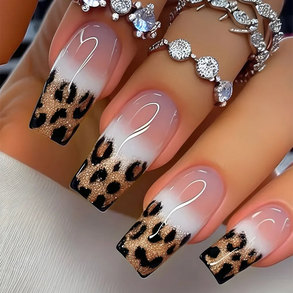 24pcs Press on Nails Flower Design Mid-length Ballet False Nail Fashion Brown Full Cover Manicure Tips Datachable Fake Nails Set