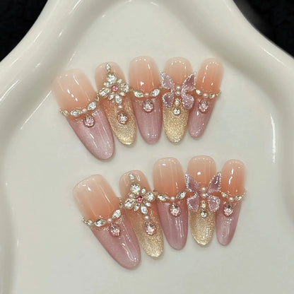 10pcs Handmade Press On Nails Almond 3D Crystal Butterfly False Nails Decor Glitter French Tip Fake Nails Elegant Blush Nail Art