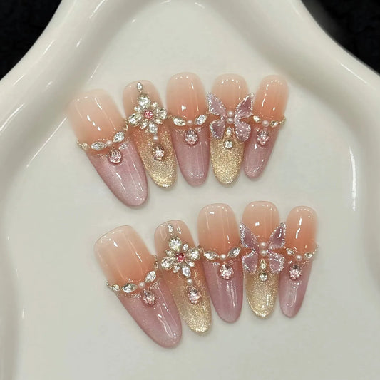 10pcs Handmade Press On Nails Almond 3D Crystal Butterfly False Nails Decor Glitter French Tip Fake Nails Elegant Blush Nail Art