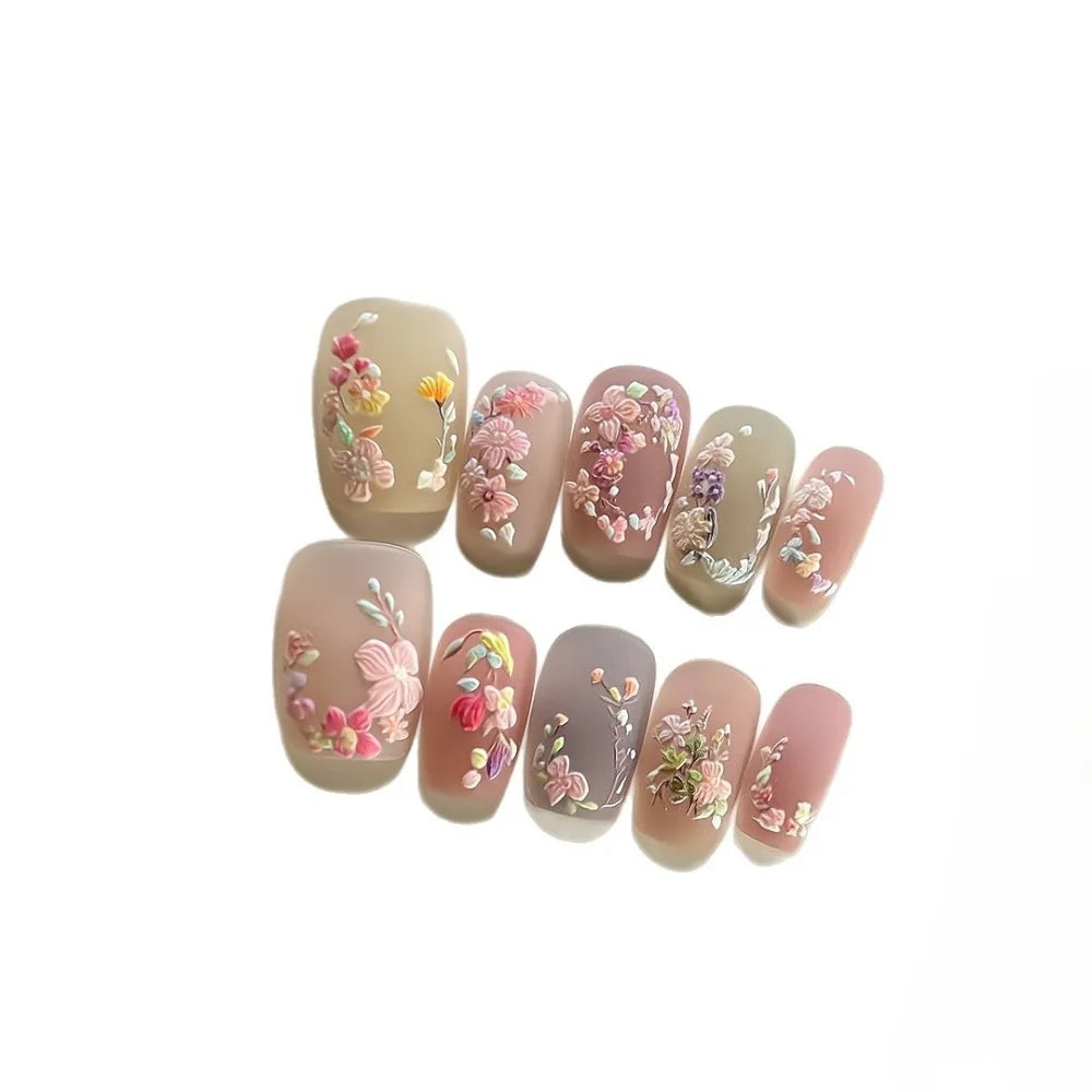 10Pcs 3D Embroidery Feel Colorful Flowers Caramel Iced Coffee Camellia Gilded Gold Wearing Armor Press on Nails Trend Nail Art