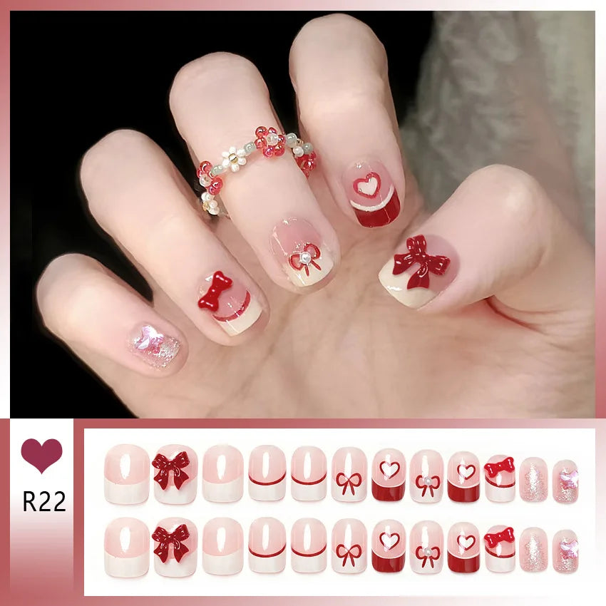24pcs Bowknots Love Heart Pattern Press On Nails Cute Fresh Short Round French Style False Nails Korean Sweet Wearable Fake Nail