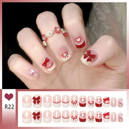 24pcs Bowknots Love Heart Pattern Press On Nails Cute Fresh Short Round French Style False Nails Korean Sweet Wearable Fake Nail