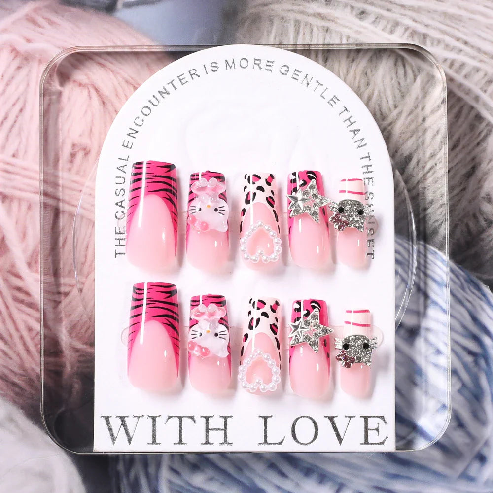 24Pcs Pink French Leopard Hello Kitty False nails 3D Y2k Star Heart Kitty Cat Rhinestones Press On Nails Cute Cartoon Fake Nails
