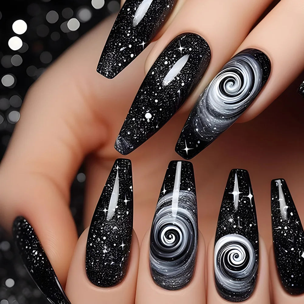 24pcs Gradient White Design False Nails Simple Glitter Long Ballet Fake Nail Tips Wearable Coffin Press on Nails with Jelly Glue